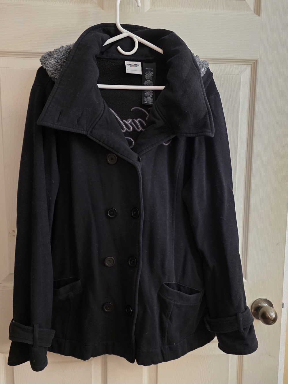 Harley-Davidson Black Double-Breasted Pea Coat with Gray Faux Sherpa Trim